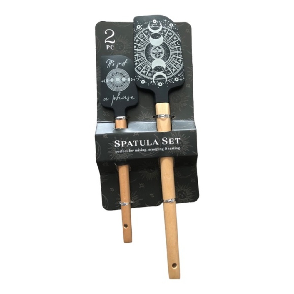 2pc silicon black & wood mystic cosmic metric conversion spatula set new